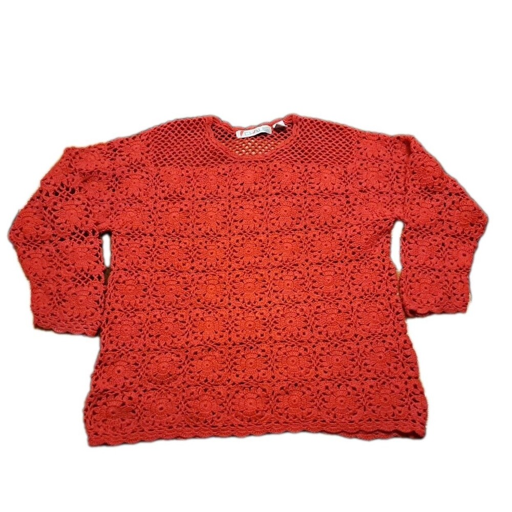 VTG Chaus Woman Crochet Sweater M L Red Open Knit Dolman Sleeves Cottagecore - Picture 7 of 7